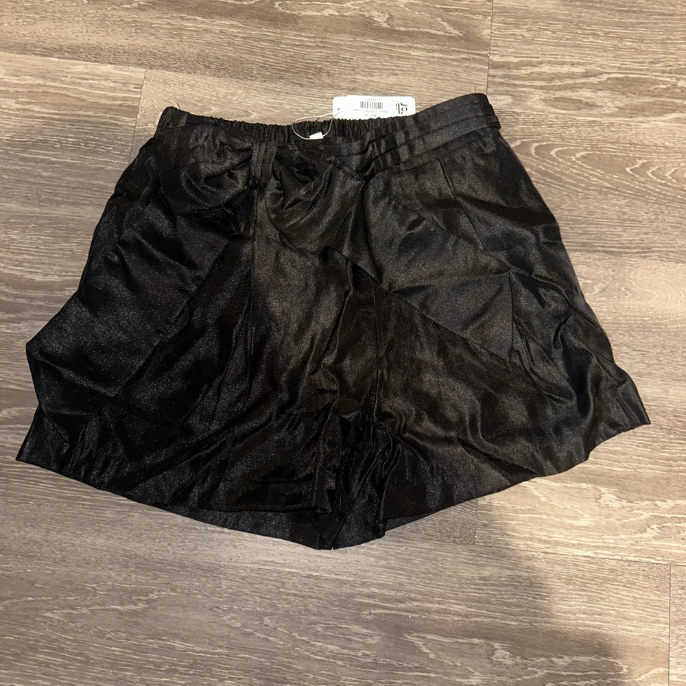 Black Satin High Waist Shorts With Bow Belt